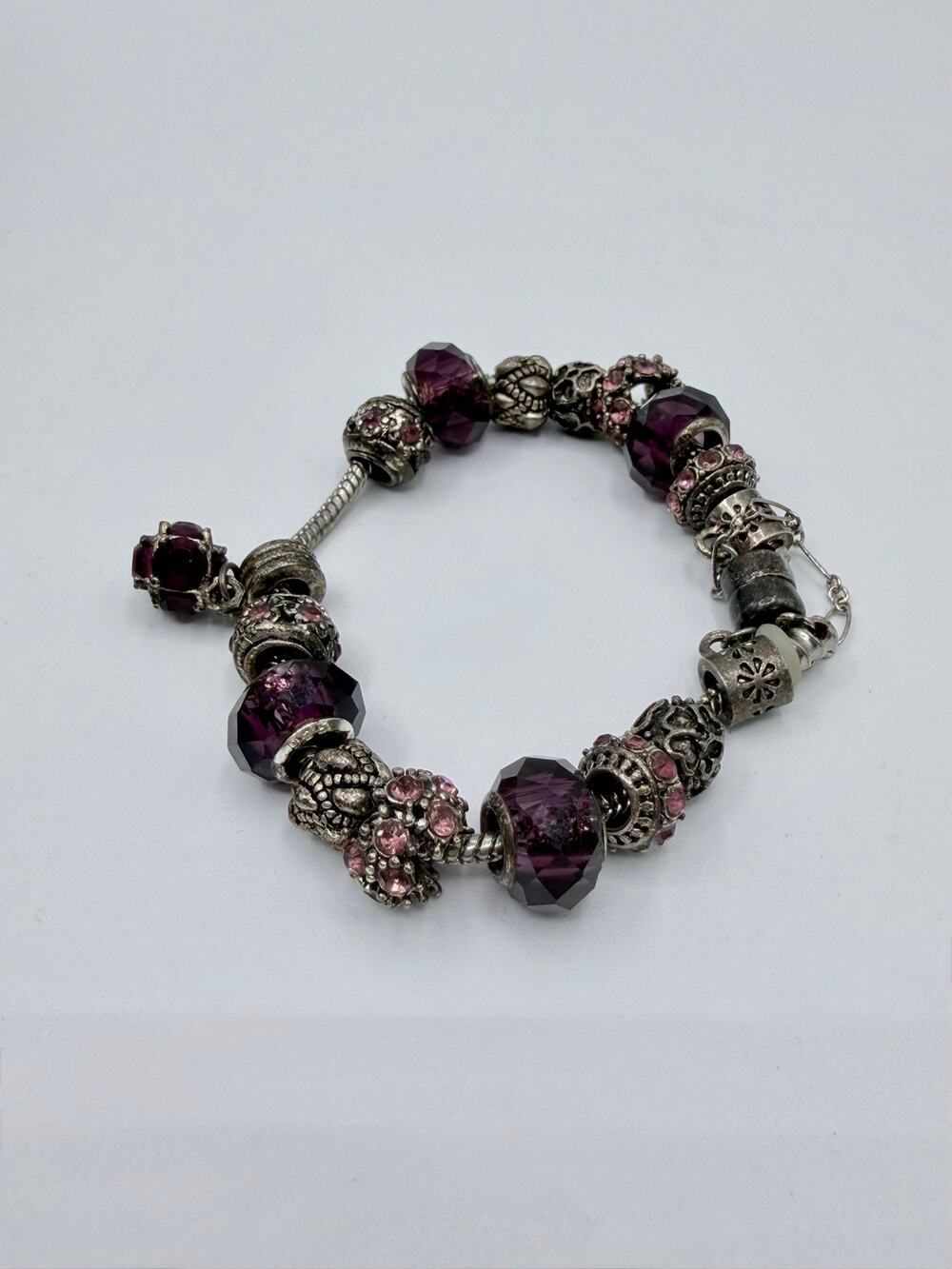 Purple European Bead Charm Bracelet Glass Rhinestone Mixed Metal 925 Accents
